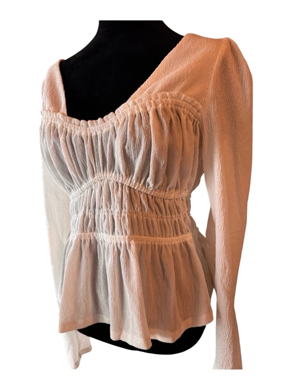 Anthropologie White Smocked Peplum Long-Sleeve Top